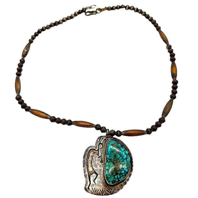 Mid-Century Modern 1990s South Western Navajo Kokopelli Sterling Silver Necklace W/ Large Turquoise Stone Signed R For Sale - Image 3 of 5