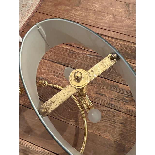 1980s Bouillotte Style Brass 3 Arm Chandelier With Green Tole Shades by Lightolier For Sale - Image 12 of 16