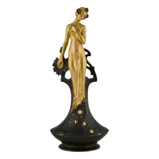 Art Nouveau Bronze Lady with Flowers Vase by Charles Korschann, 1900s For Sale