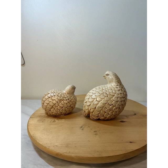 Mid-Century Modern 2 Vintage Handmade Ceramic Quail Hen Chick Birds MCM Figurines Artist Signed 1961 For Sale - Image 3 of 12
