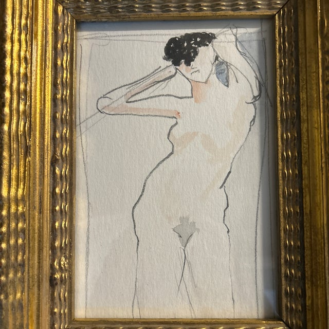 1970’s original female nude watercolor painting/ pencil drawing in chunky gold frame. Measures 5x7 / 12.5x14.5 framed....