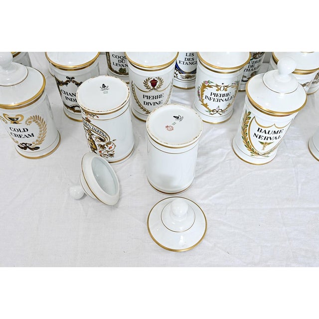 Mid 20th Century French Vintage Set of Fifteen Porcelain Limoges Pharmacy Jars For Sale - Image 5 of 10