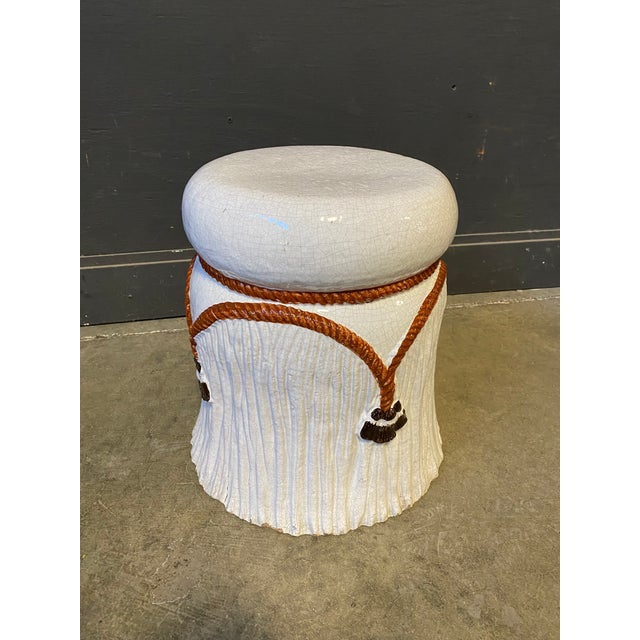 Beautiful 1960s Italian glazed terra-cotta tassel stool. Hand painted.
