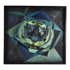 Mid 20th Century Large Vintage Geometric Impasto Oil Painting of Tiger in Blues and Greens, Framed