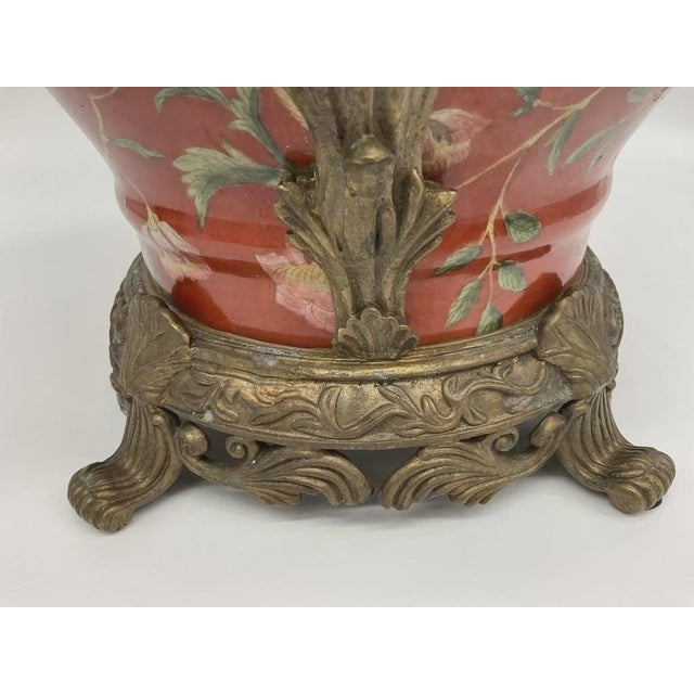 Large Chinese Porcelain Jardiniere Chinoiserie Planter Ornate Cast Metal Handles Coral Floral Cachepot For Sale - Image 9 of 9
