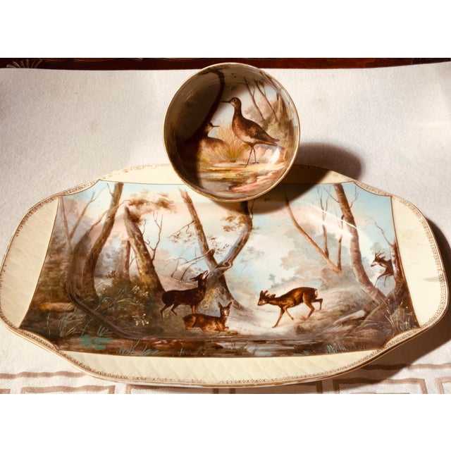 19th Century Magnificent Limoges Game Platter With Compote - Hand-Painted Forest Scene For Sale - Image 16 of 18