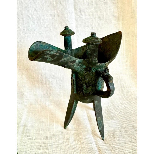 Verdigris Chinese Archaic-Style Bronze Jue Wine Vessel Sculpture With Verdigris Patina For Sale - Image 8 of 12