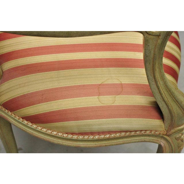 Pink Vintage French Louis XV Style Green & Pink Painted Arm Chair W/ Striped Fabric For Sale - Image 8 of 12