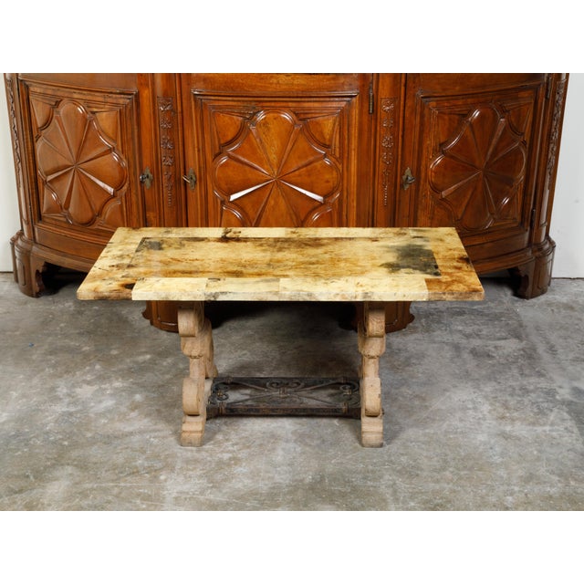 19th Century Italian Coffee Table Made of 19th Century Bleached Oak Base and Later Vellum Top For Sale - Image 5 of 12