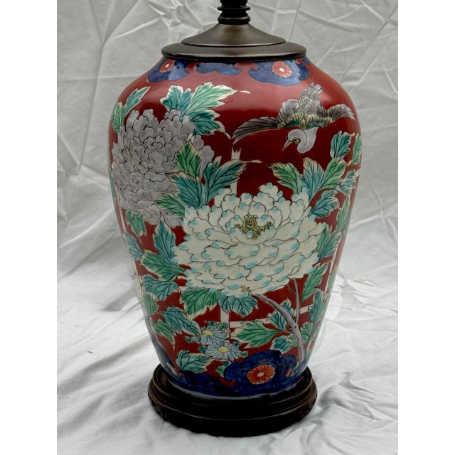 Vintage Mid-Century Red Chinese Cloisonné Peony & Bird Table Lamp For Sale - Image 6 of 6