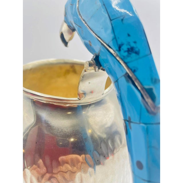 1960s Los Fajardo Silver-Plated Pitcher With Blue Stone Inlaid Parrot Handle, Mexico For Sale - Image 12 of 17