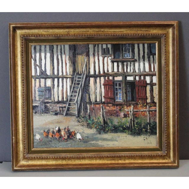 F. Claude, Farmyard with Chickens, 1950s, Oil on Canvas For Sale - Image 10 of 10