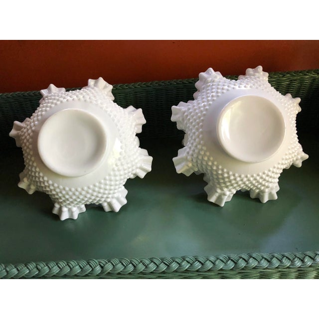 Shabby Chic Vintage Fenton Hobnail Milk Glass Handled Baskets - a Pair For Sale - Image 3 of 6