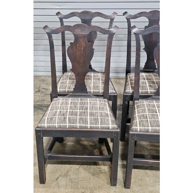 Chippendale Set of 6 Late 20th Century Eldred Wheeler Dining Room Chairs Black Finish Black Check Seats For Sale - Image 3 of 10