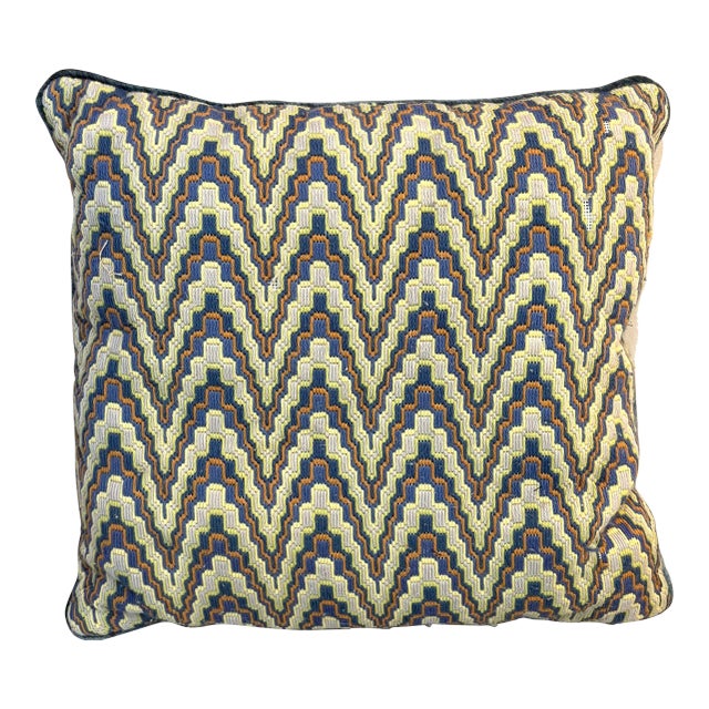 Blue/Multicolored Woven Flamestitch Pillow For Sale