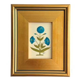 Original Hand-Painted Blue Floral Motif Paining, Framed For Sale
