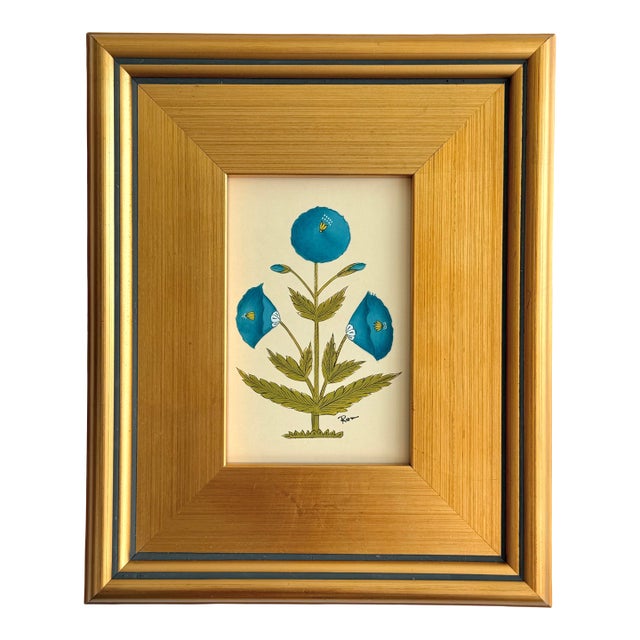 Original Hand-Painted Blue Floral Motif Paining, Framed For Sale