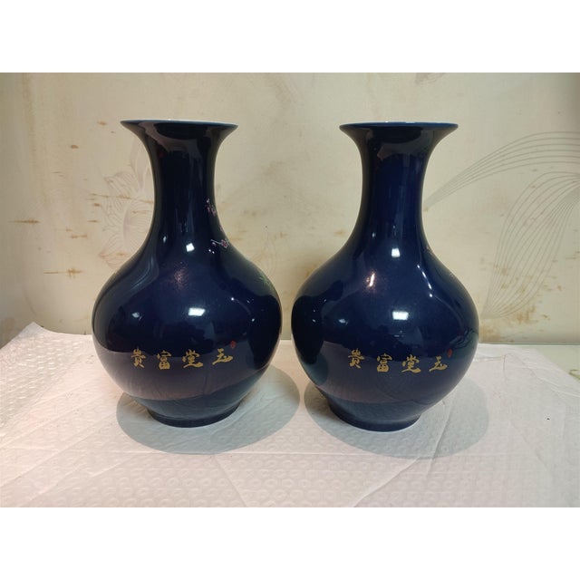 Early 20th Century A Pair of Chinese Old Ceramic Vase,Qing Dynasty Qianlong Marked Blue Ground Famille Rose Porcelain Yuhuchun Vase Flowers and Birds Pattern For Sale - Image 5 of 11