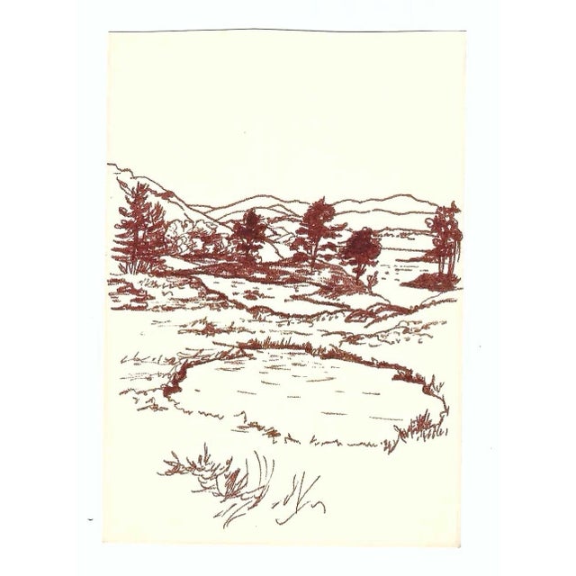 Landscape drawing on paper in brown ink by Robert Henry Angeloch (1922-2011). Bearing estate stamp on the back. Bob...