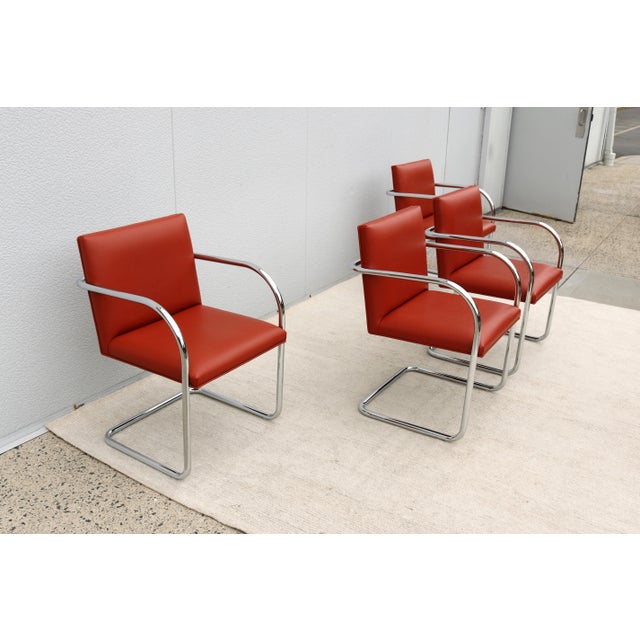 Gordon International Ludwig Mies Van Der Rohe Brno Tubular Chairs in Orange Vinyl by Gordon, Set of 4 For Sale - Image 4 of 18