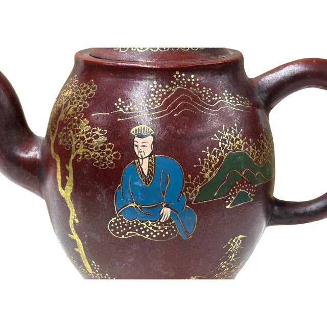 Sculpture Materials Vintage Chinese Reddish Brown Graphic Zisha Clay Teapot Art Display For Sale - Image 7 of 8