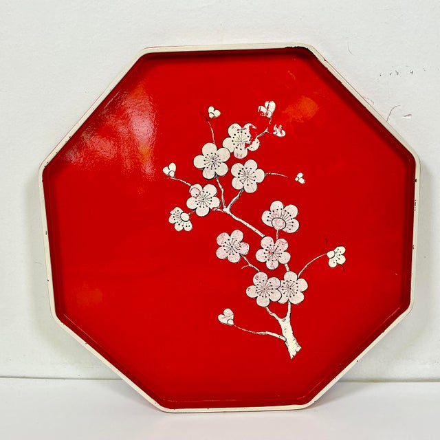 Mid-Century Boho Chic Octagonal Shaped Plastic Serving Tray With Cherry Blossom Design For Sale - Image 4 of 14