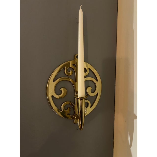 Vintage Polished Brass “Tree of Life” Round Wall Sconces, Candlestick Sconces For Sale - Image 6 of 7
