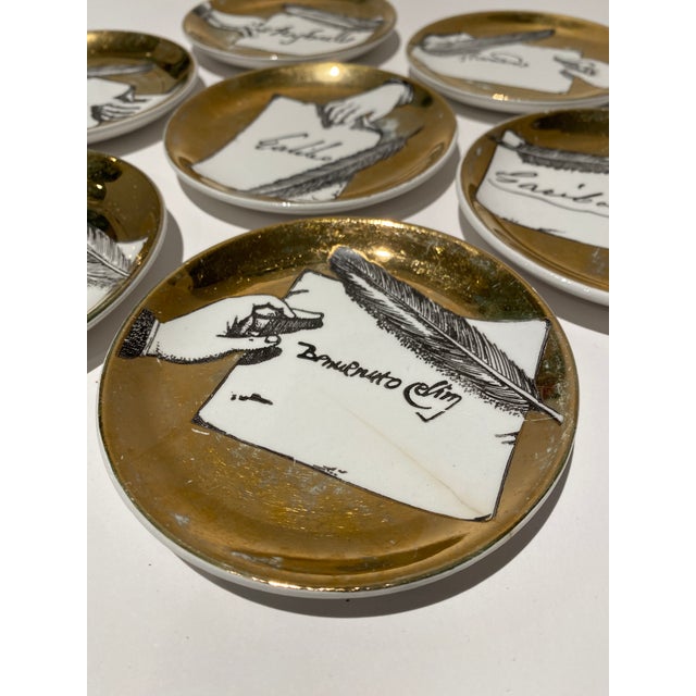 Set of Seven Vintage Italian Gilt Porcelain “Autografi” Coasters by Piero Fornasetti For Sale In New York - Image 6 of 12