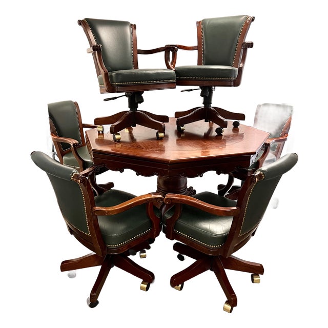 Vintage 1970s Mikhail Darafeev Pedestal Dining/Poker Table With Six Leather Swivel Chairs For Sale