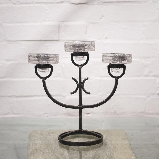 Vintage Swedish Iron 3-Arm Candelabra with Glass Inserts, 1970s For Sale - Image 3 of 6