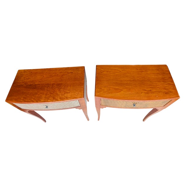 Mid 20th Century Vintage Baker Furniture French Regency Side Tables, Pair | Mid-Century Cherry Demilune Nightstands With Gilt Reeded Drawers For Sale - Image 5 of 15