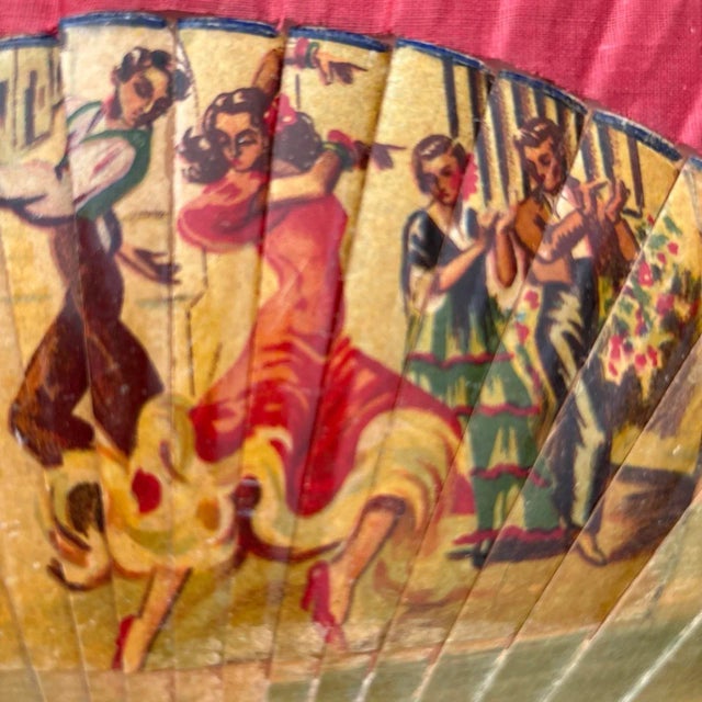 Antique Wooden Hand Painted Fan With Linen Transfer. Spanish Flamenco Dancers. Very Old For Sale - Image 4 of 12