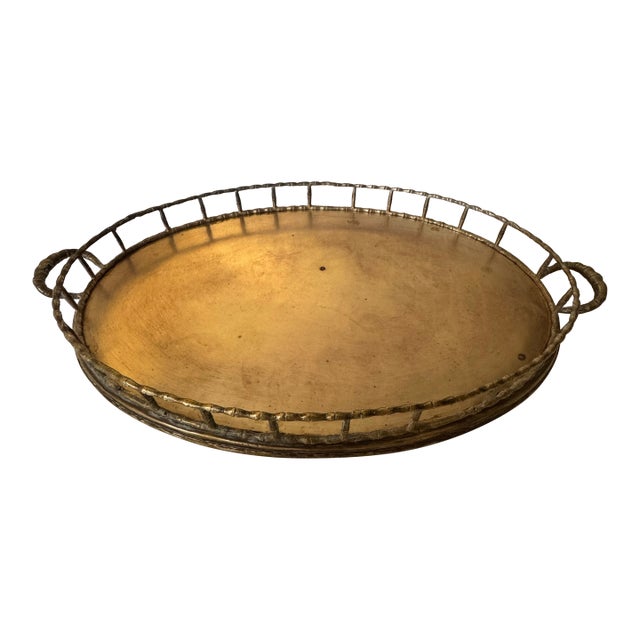 Solid Brass XL Tray With Bamboo-Shaped Rails & Handles, Oval-Shaped For Sale