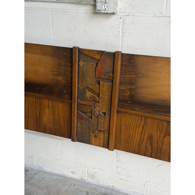 Wood Attributed Lane Brutalist King Headboard Wood Bed Frame With Integrated Lights 1960s For Sale - Image 7 of 10