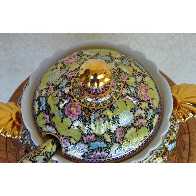 Thai Benjarong Porcelain Soup Tureen & Ladle Set With Hand-Painted Floral Decorations For Sale - Image 9 of 13