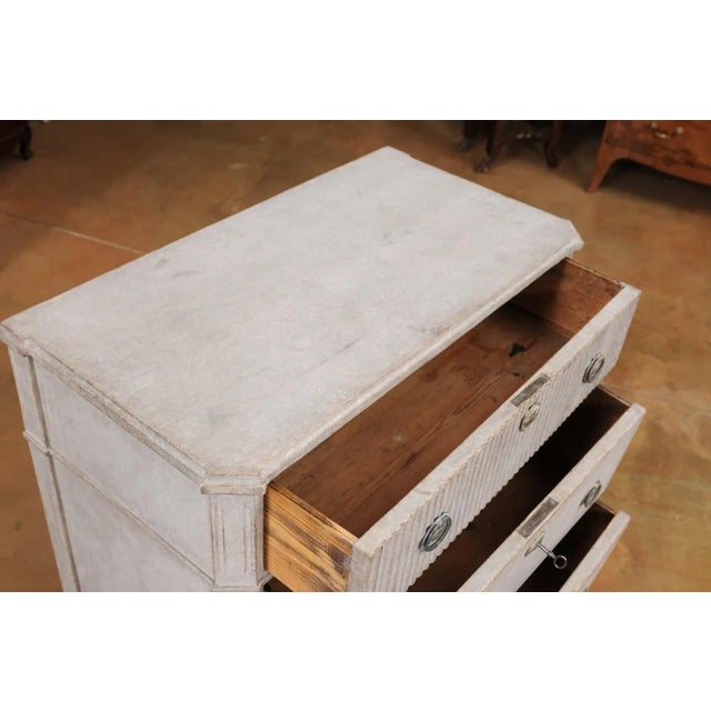 Gray Swedish 1890s Gustavian Style Gray Painted Three Drawer Chest with Reeded Motifs For Sale - Image 8 of 12