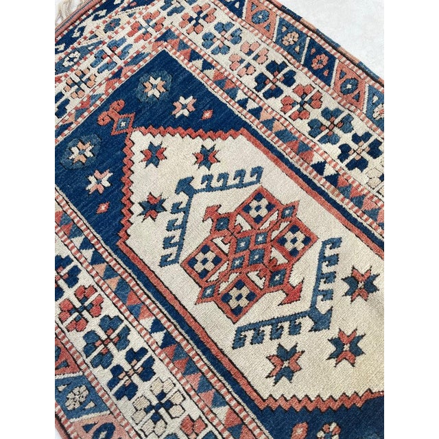 Green Vintage Turkish Navy, Blush, Apricot, Soft Salmon, Beige with Braided Fringe Rug 3.5 x 5.8 For Sale - Image 8 of 10