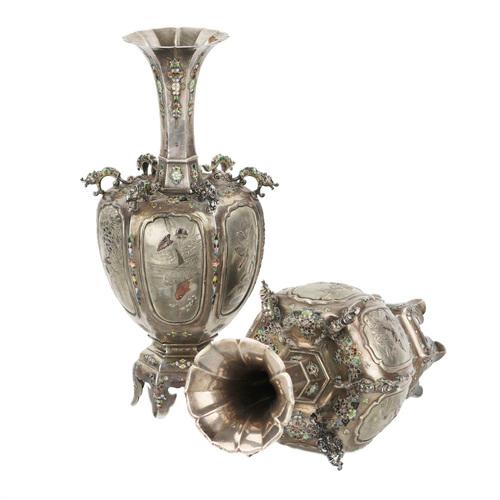 Japanese Vases in Silver and Enamel, 1890s, Set of 2 For Sale - Image 4 of 7