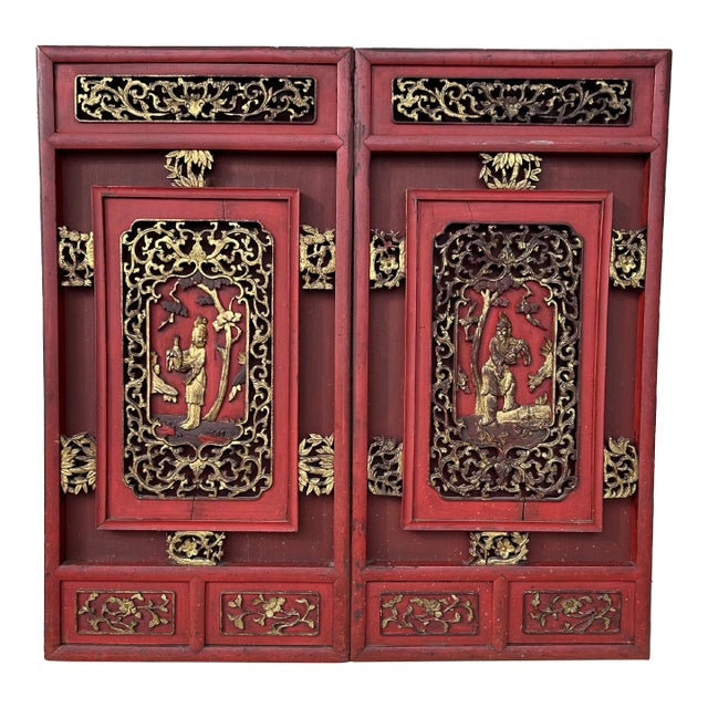 Antique Chinese Carved Wood Two Panel Wall Hanging For Sale