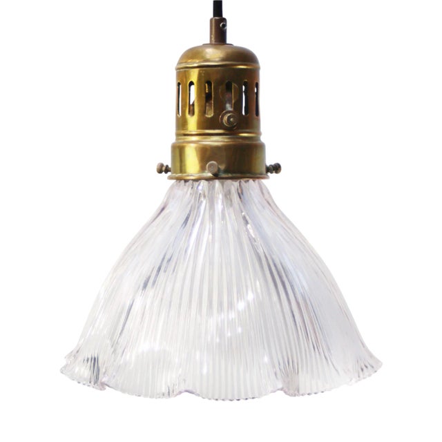 Vintage Glass and Brass Pendant Light from Holophane For Sale