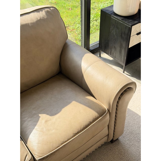 Smith Brothers 393 Beige Leather Three-Seat Sofa With Rolled Arms and Nailhead Trim For Sale In New York - Image 6 of 10