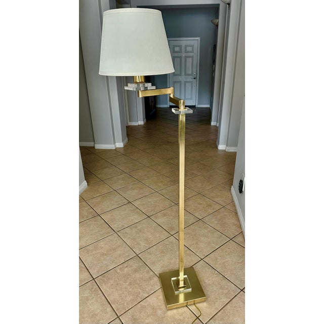 Modern Frederick Cooper Solid Brass & Lucite Swing Arm Floor Lamp For Sale - Image 3 of 18