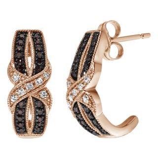 10K Rose Gold 1/3 Cttw White and Brown Diamond Milgrain Criss Cross J-Hoop Earrings (I-J Color, I1-I2 Clarity) For Sale