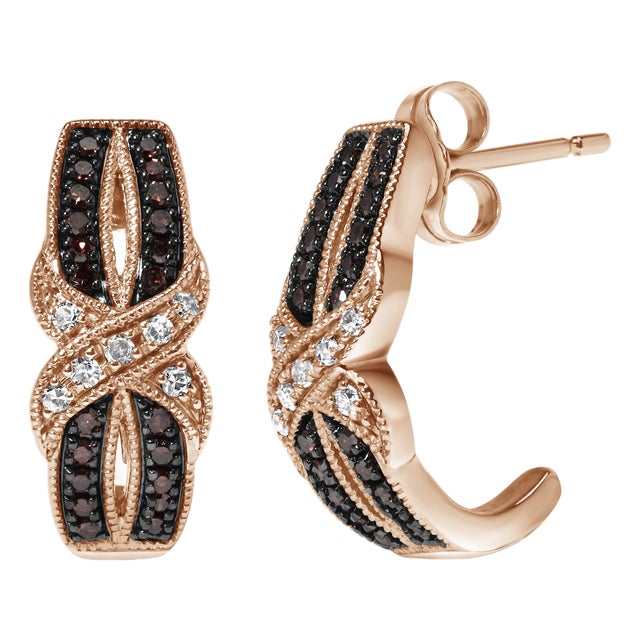 10K Rose Gold 1/3 Cttw White and Brown Diamond Milgrain Criss Cross J-Hoop Earrings (I-J Color, I1-I2 Clarity) For Sale