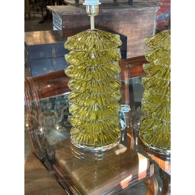 Murano "Ruffle" Lamps in Olive Green For Sale - Image 4 of 5