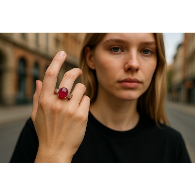 Gia Certified No Indication of Heating Burma Cabochon Ruby Diamond Platinum Ring, Size 5 For Sale - Image 9 of 9