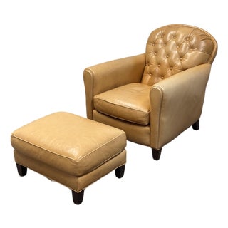Crate & Barrel Rollins Camel Leather Button-Tufted Chair + Ottoman For Sale