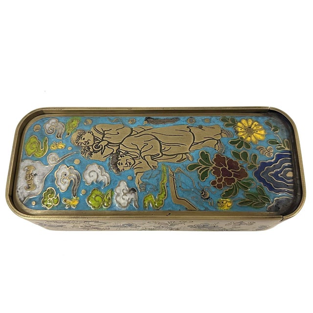 Unusual late Qing Dynasty (1890s to 1911) Chinese scholar’s metal box with sliding cover and 3 compartments, decorated in...