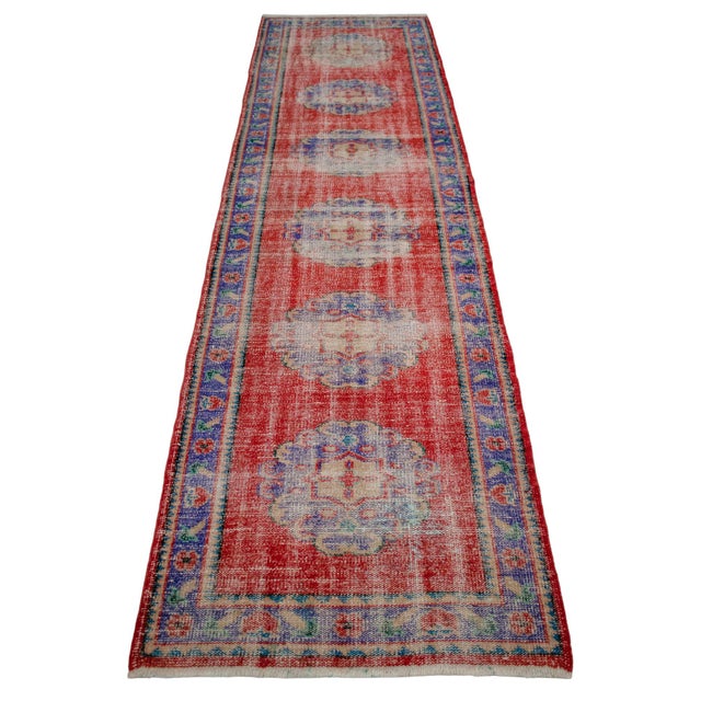 Distressed Oushak Runner Rug - Faded Colors Hallway 3' X 10'6″ For Sale