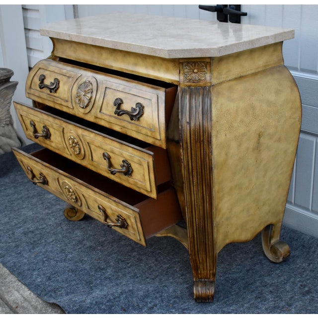Wood Marble Top Chest French Baroque Style Bombay Commode Carved 3 Drawer 90's For Sale - Image 13 of 18